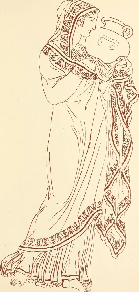 An illustration from Ancient Greek female costume : illustrated by one hundred and twelve plates and numerous smaller illustrations ; with descriptive letterpress and descriptive passages from the works of Homer, Hesiod, Herodotus, Aeschylus, Euripides, Aristophanes, Theocritus, Xenophon, Lucian, and other Greek authors, 1882, leaf 142