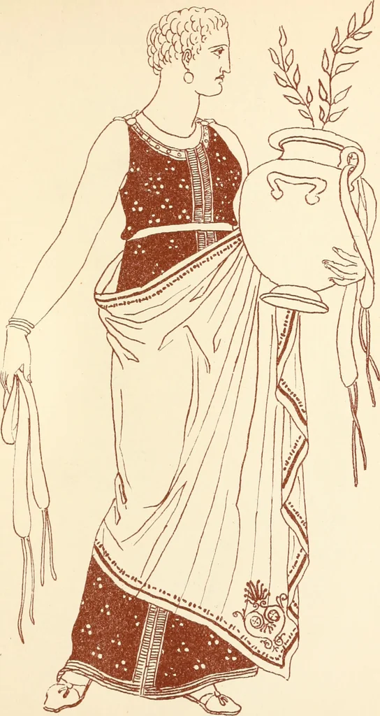 An illustration from Ancient Greek female costume : illustrated by one hundred and twelve plates and numerous smaller illustrations ; with descriptive letterpress and descriptive passages from the works of Homer, Hesiod, Herodotus, Aeschylus, Euripides, Aristophanes, Theocritus, Xenophon, Lucian, and other Greek authors, 1882, leaf 144