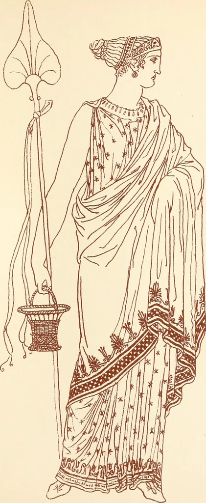 An illustration from Ancient Greek female costume : illustrated by one hundred and twelve plates and numerous smaller illustrations ; with descriptive letterpress and descriptive passages from the works of Homer, Hesiod, Herodotus, Aeschylus, Euripides, Aristophanes, Theocritus, Xenophon, Lucian, and other Greek authors, 1882, leaf 146