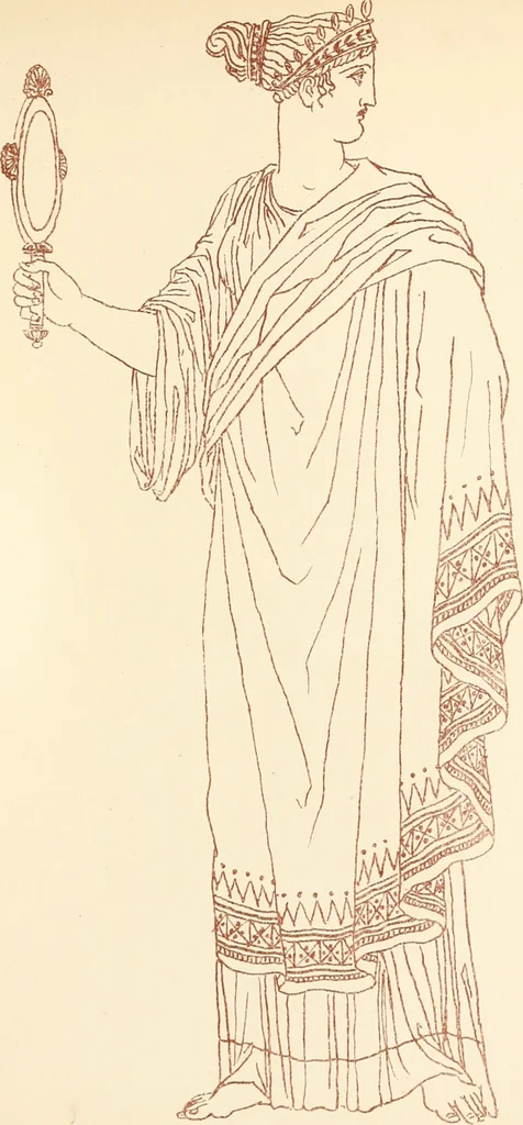 An illustration from Ancient Greek female costume : illustrated by one hundred and twelve plates and numerous smaller illustrations ; with descriptive letterpress and descriptive passages from the works of Homer, Hesiod, Herodotus, Aeschylus, Euripides, Aristophanes, Theocritus, Xenophon, Lucian, and other Greek authors, 1882, leaf 148