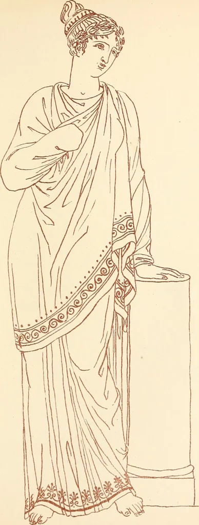 An illustration from Ancient Greek female costume : illustrated by one hundred and twelve plates and numerous smaller illustrations ; with descriptive letterpress and descriptive passages from the works of Homer, Hesiod, Herodotus, Aeschylus, Euripides, Aristophanes, Theocritus, Xenophon, Lucian, and other Greek authors, 1882, leaf 150