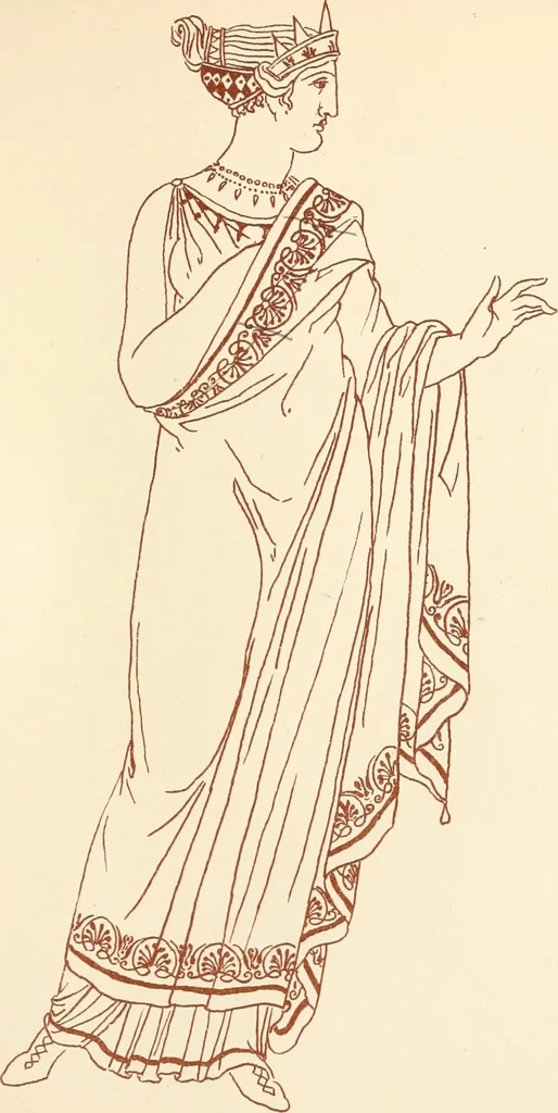 An illustration from Ancient Greek female costume : illustrated by one hundred and twelve plates and numerous smaller illustrations ; with descriptive letterpress and descriptive passages from the works of Homer, Hesiod, Herodotus, Aeschylus, Euripides, Aristophanes, Theocritus, Xenophon, Lucian, and other Greek authors, 1882, leaf 152