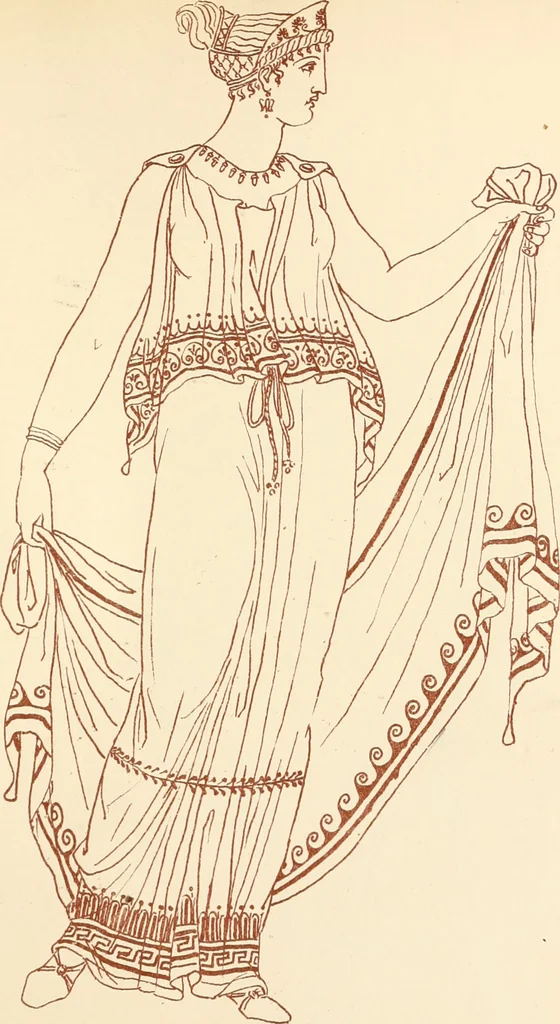 An illustration from Ancient Greek female costume : illustrated by one hundred and twelve plates and numerous smaller illustrations ; with descriptive letterpress and descriptive passages from the works of Homer, Hesiod, Herodotus, Aeschylus, Euripides, Aristophanes, Theocritus, Xenophon, Lucian, and other Greek authors, 1882, leaf 154