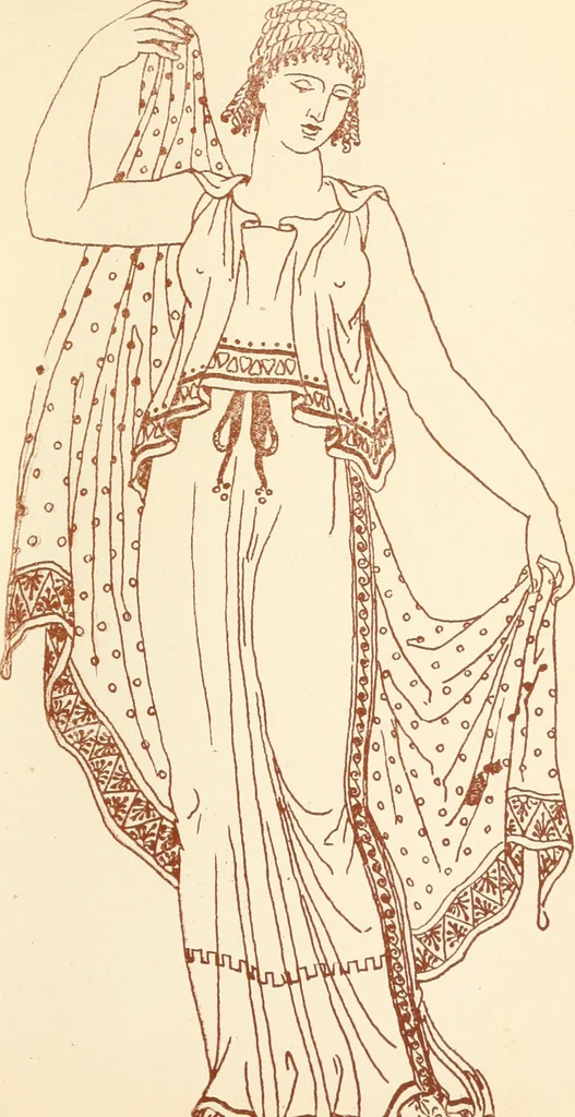 An illustration from Ancient Greek female costume : illustrated by one hundred and twelve plates and numerous smaller illustrations ; with descriptive letterpress and descriptive passages from the works of Homer, Hesiod, Herodotus, Aeschylus, Euripides, Aristophanes, Theocritus, Xenophon, Lucian, and other Greek authors, 1882, leaf 156