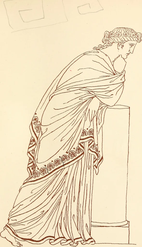 An illustration from Ancient Greek female costume : illustrated by one hundred and twelve plates and numerous smaller illustrations ; with descriptive letterpress and descriptive passages from the works of Homer, Hesiod, Herodotus, Aeschylus, Euripides, Aristophanes, Theocritus, Xenophon, Lucian, and other Greek authors, 1882, leaf 158