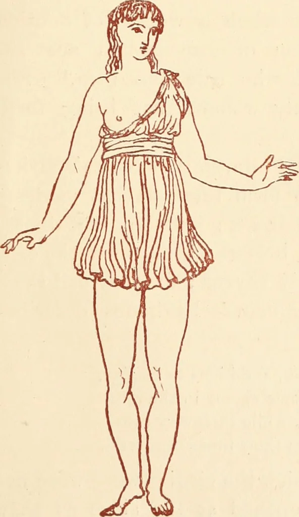 An illustration from Ancient Greek female costume : illustrated by one hundred and twelve plates and numerous smaller illustrations ; with descriptive letterpress and descriptive passages from the works of Homer, Hesiod, Herodotus, Aeschylus, Euripides, Aristophanes, Theocritus, Xenophon, Lucian, and other Greek authors, 1882, leaf 16