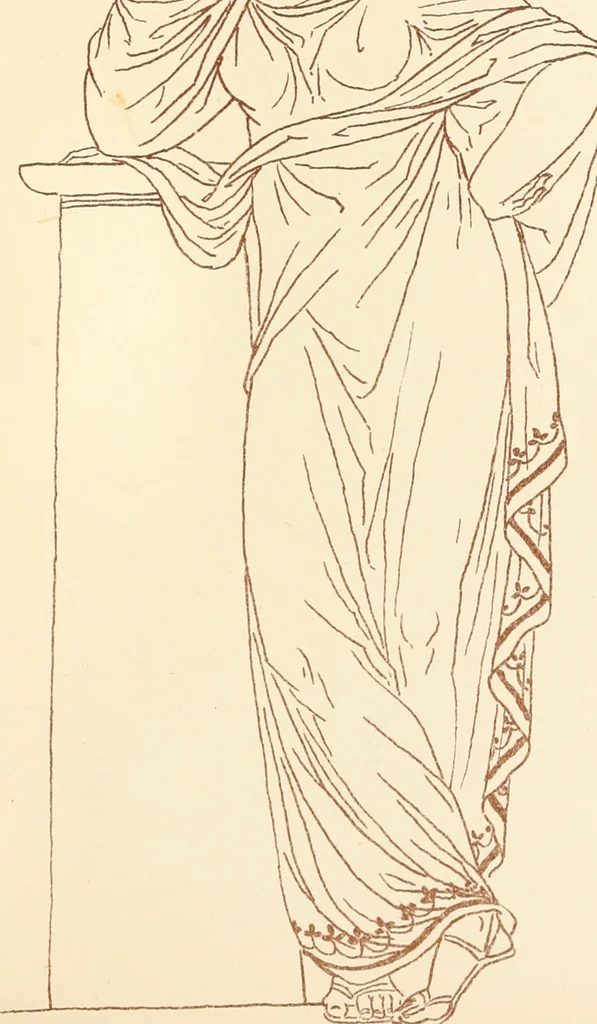 An illustration from Ancient Greek female costume : illustrated by one hundred and twelve plates and numerous smaller illustrations ; with descriptive letterpress and descriptive passages from the works of Homer, Hesiod, Herodotus, Aeschylus, Euripides, Aristophanes, Theocritus, Xenophon, Lucian, and other Greek authors, 1882, leaf 160