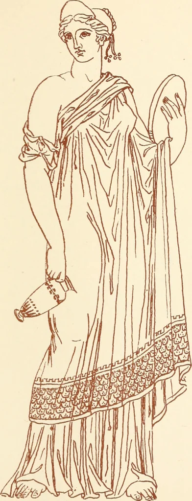 An illustration from Ancient Greek female costume : illustrated by one hundred and twelve plates and numerous smaller illustrations ; with descriptive letterpress and descriptive passages from the works of Homer, Hesiod, Herodotus, Aeschylus, Euripides, Aristophanes, Theocritus, Xenophon, Lucian, and other Greek authors, 1882, leaf 164