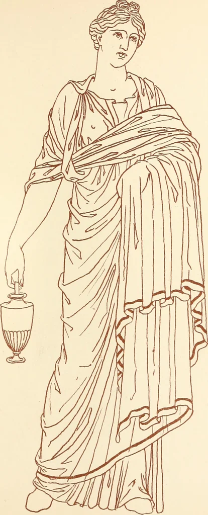 An illustration from Ancient Greek female costume : illustrated by one hundred and twelve plates and numerous smaller illustrations ; with descriptive letterpress and descriptive passages from the works of Homer, Hesiod, Herodotus, Aeschylus, Euripides, Aristophanes, Theocritus, Xenophon, Lucian, and other Greek authors, 1882, leaf 166