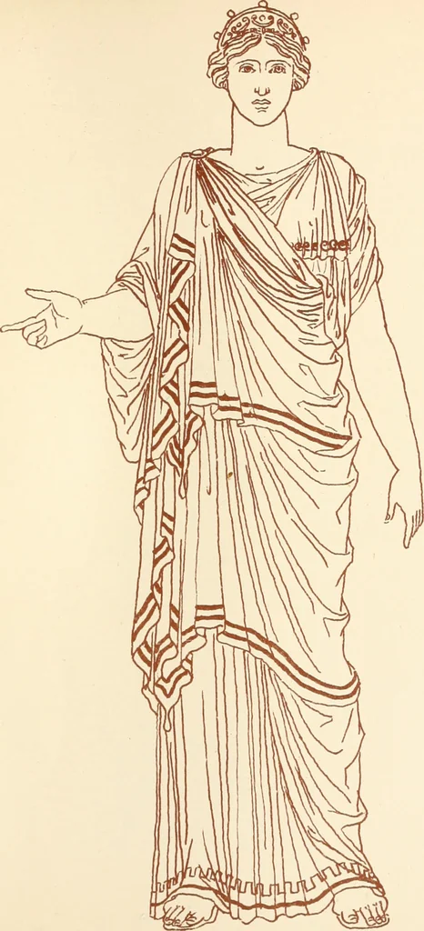 An illustration from Ancient Greek female costume : illustrated by one hundred and twelve plates and numerous smaller illustrations ; with descriptive letterpress and descriptive passages from the works of Homer, Hesiod, Herodotus, Aeschylus, Euripides, Aristophanes, Theocritus, Xenophon, Lucian, and other Greek authors, 1882, leaf 168