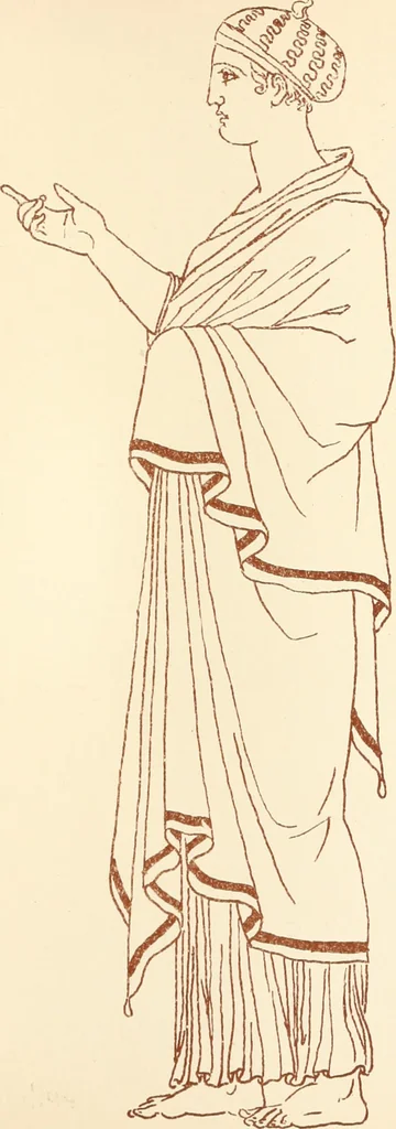 An illustration from Ancient Greek female costume : illustrated by one hundred and twelve plates and numerous smaller illustrations ; with descriptive letterpress and descriptive passages from the works of Homer, Hesiod, Herodotus, Aeschylus, Euripides, Aristophanes, Theocritus, Xenophon, Lucian, and other Greek authors, 1882, leaf 170