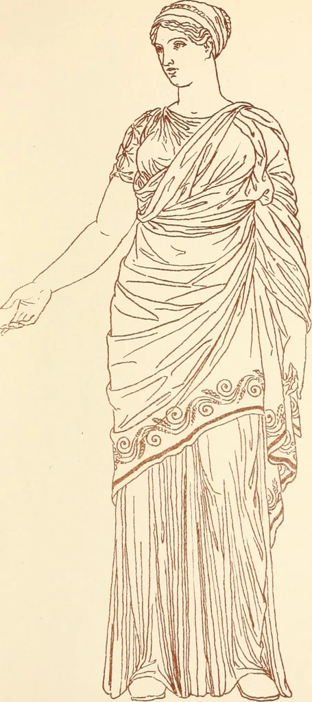 An illustration from Ancient Greek female costume : illustrated by one hundred and twelve plates and numerous smaller illustrations ; with descriptive letterpress and descriptive passages from the works of Homer, Hesiod, Herodotus, Aeschylus, Euripides, Aristophanes, Theocritus, Xenophon, Lucian, and other Greek authors, 1882, leaf 172