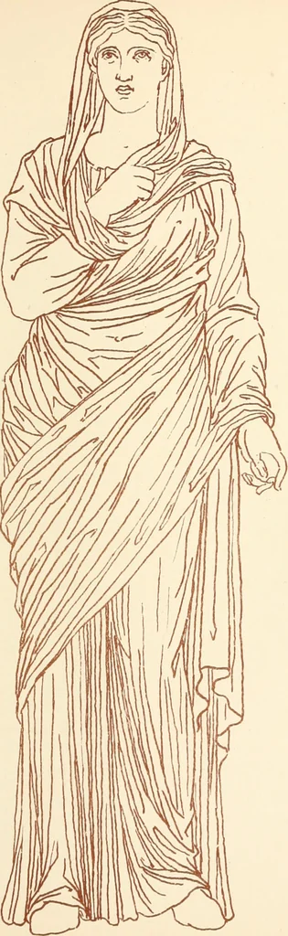 An illustration from Ancient Greek female costume : illustrated by one hundred and twelve plates and numerous smaller illustrations ; with descriptive letterpress and descriptive passages from the works of Homer, Hesiod, Herodotus, Aeschylus, Euripides, Aristophanes, Theocritus, Xenophon, Lucian, and other Greek authors, 1882, leaf 174