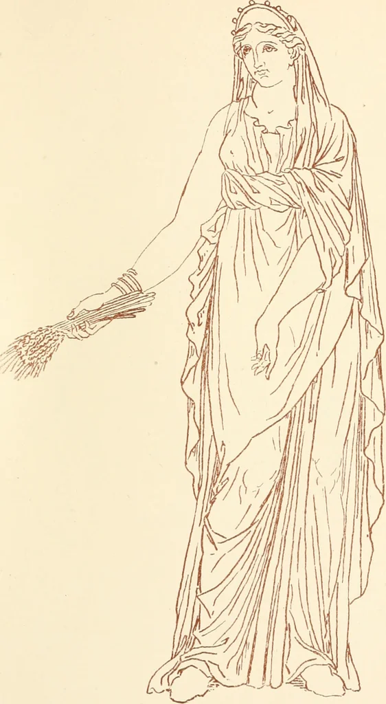 An illustration from Ancient Greek female costume : illustrated by one hundred and twelve plates and numerous smaller illustrations ; with descriptive letterpress and descriptive passages from the works of Homer, Hesiod, Herodotus, Aeschylus, Euripides, Aristophanes, Theocritus, Xenophon, Lucian, and other Greek authors, 1882, leaf 180