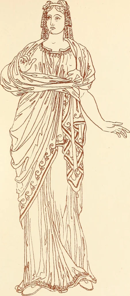 An illustration from Ancient Greek female costume : illustrated by one hundred and twelve plates and numerous smaller illustrations ; with descriptive letterpress and descriptive passages from the works of Homer, Hesiod, Herodotus, Aeschylus, Euripides, Aristophanes, Theocritus, Xenophon, Lucian, and other Greek authors, 1882, leaf 184