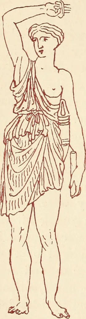 An illustration from Ancient Greek female costume : illustrated by one hundred and twelve plates and numerous smaller illustrations ; with descriptive letterpress and descriptive passages from the works of Homer, Hesiod, Herodotus, Aeschylus, Euripides, Aristophanes, Theocritus, Xenophon, Lucian, and other Greek authors, 1882, leaf 19