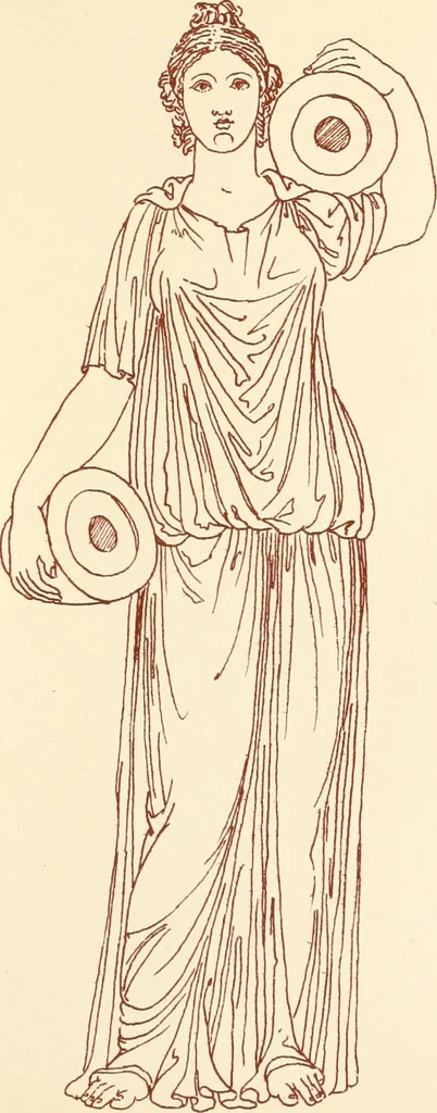 An illustration from Ancient Greek female costume : illustrated by one hundred and twelve plates and numerous smaller illustrations ; with descriptive letterpress and descriptive passages from the works of Homer, Hesiod, Herodotus, Aeschylus, Euripides, Aristophanes, Theocritus, Xenophon, Lucian, and other Greek authors, 1882, leaf 196