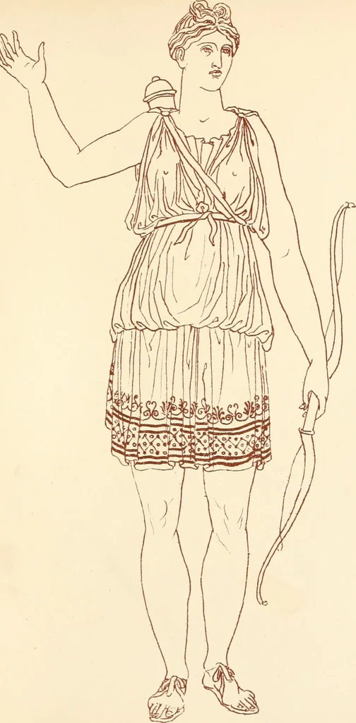 An illustration from Ancient Greek female costume : illustrated by one hundred and twelve plates and numerous smaller illustrations ; with descriptive letterpress and descriptive passages from the works of Homer, Hesiod, Herodotus, Aeschylus, Euripides, Aristophanes, Theocritus, Xenophon, Lucian, and other Greek authors, 1882, leaf 200