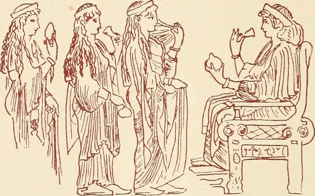An illustration from Ancient Greek female costume : illustrated by one hundred and twelve plates and numerous smaller illustrations ; with descriptive letterpress and descriptive passages from the works of Homer, Hesiod, Herodotus, Aeschylus, Euripides, Aristophanes, Theocritus, Xenophon, Lucian, and other Greek authors, 1882, leaf 21