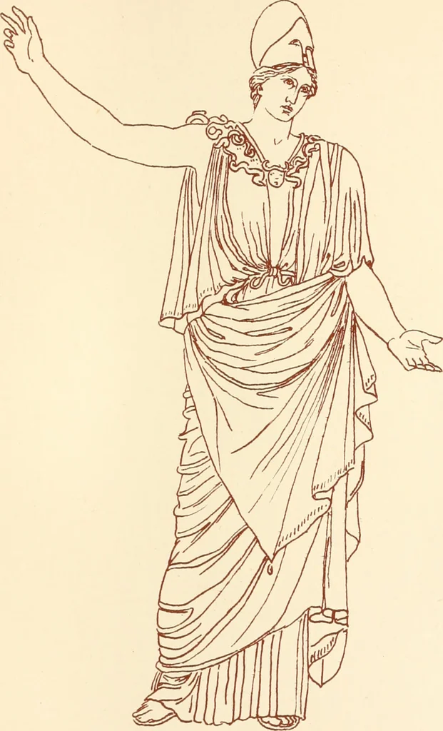 An illustration from Ancient Greek female costume : illustrated by one hundred and twelve plates and numerous smaller illustrations ; with descriptive letterpress and descriptive passages from the works of Homer, Hesiod, Herodotus, Aeschylus, Euripides, Aristophanes, Theocritus, Xenophon, Lucian, and other Greek authors, 1882, leaf 216