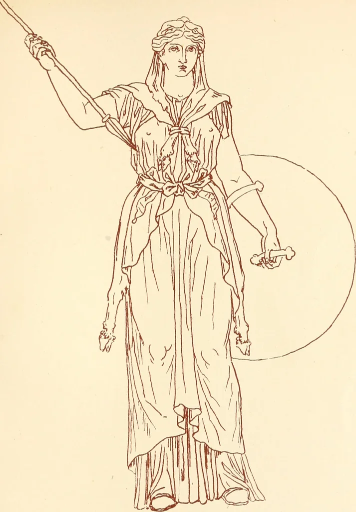 An illustration from Ancient Greek female costume : illustrated by one hundred and twelve plates and numerous smaller illustrations ; with descriptive letterpress and descriptive passages from the works of Homer, Hesiod, Herodotus, Aeschylus, Euripides, Aristophanes, Theocritus, Xenophon, Lucian, and other Greek authors, 1882, leaf 218