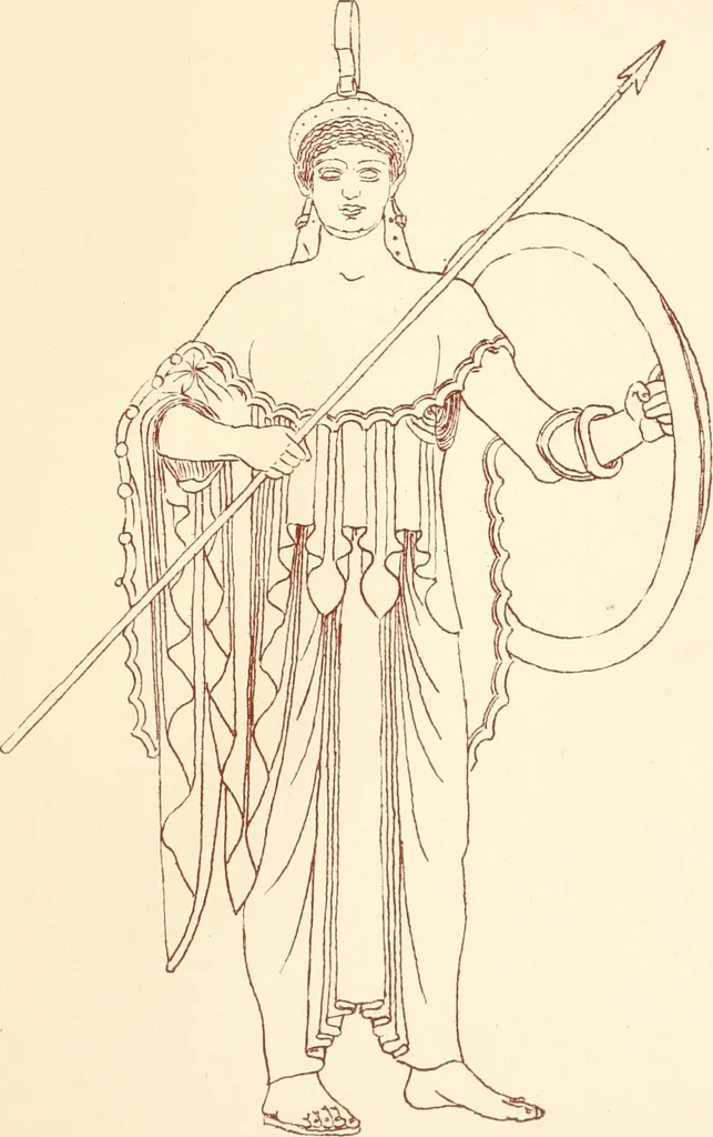 An illustration from Ancient Greek female costume : illustrated by one hundred and twelve plates and numerous smaller illustrations ; with descriptive letterpress and descriptive passages from the works of Homer, Hesiod, Herodotus, Aeschylus, Euripides, Aristophanes, Theocritus, Xenophon, Lucian, and other Greek authors, 1882, leaf 224