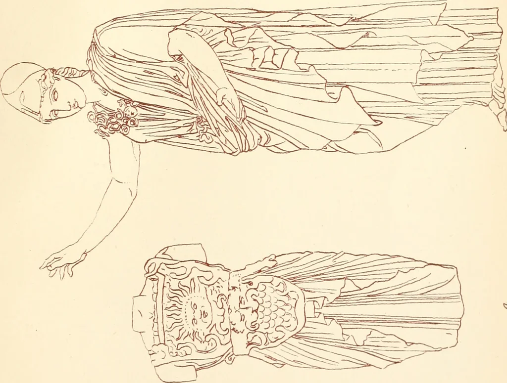 An illustration from Ancient Greek female costume : illustrated by one hundred and twelve plates and numerous smaller illustrations ; with descriptive letterpress and descriptive passages from the works of Homer, Hesiod, Herodotus, Aeschylus, Euripides, Aristophanes, Theocritus, Xenophon, Lucian, and other Greek authors, 1882, leaf 228