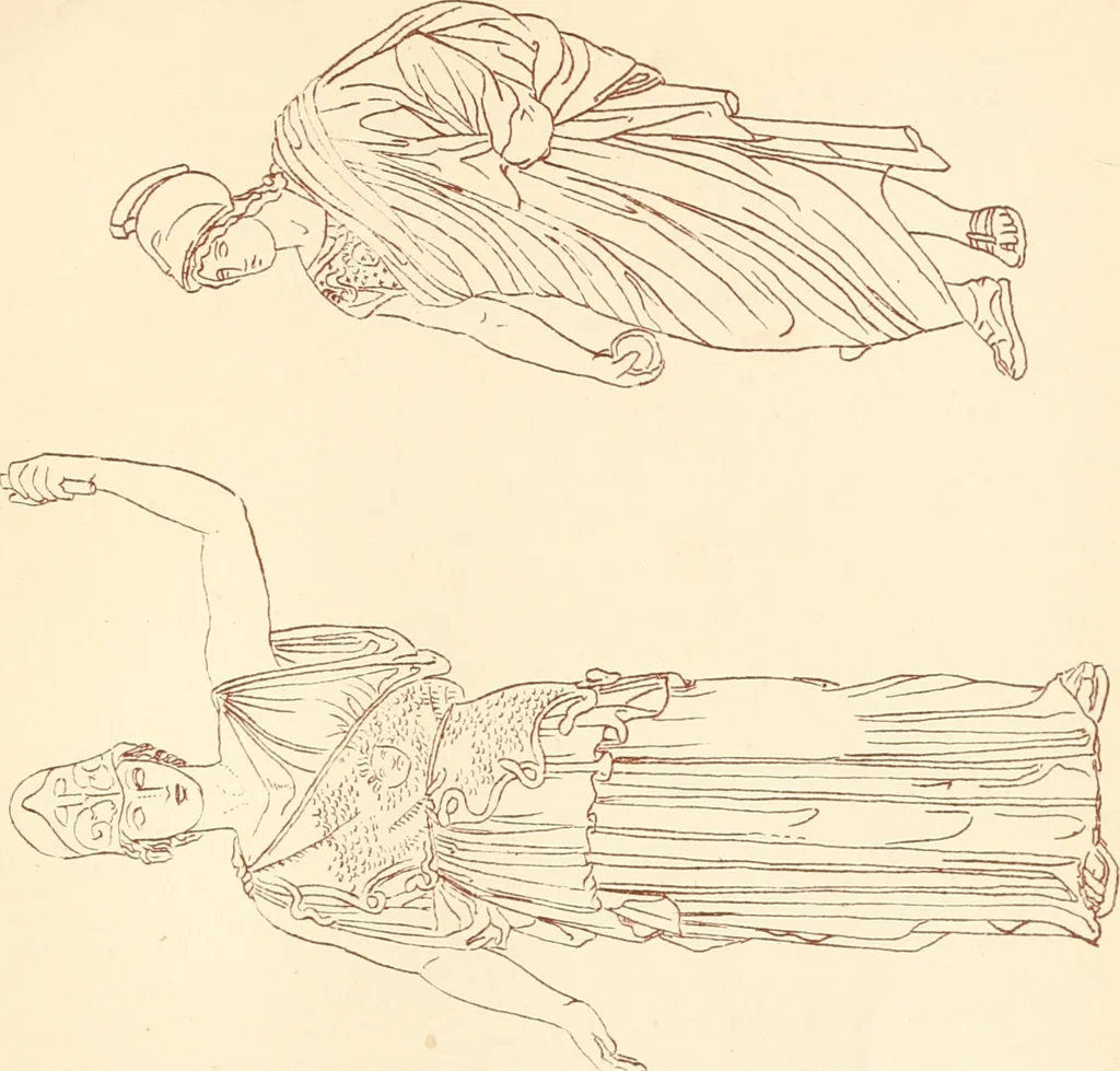 An illustration from Ancient Greek female costume : illustrated by one hundred and twelve plates and numerous smaller illustrations ; with descriptive letterpress and descriptive passages from the works of Homer, Hesiod, Herodotus, Aeschylus, Euripides, Aristophanes, Theocritus, Xenophon, Lucian, and other Greek authors, 1882, leaf 230