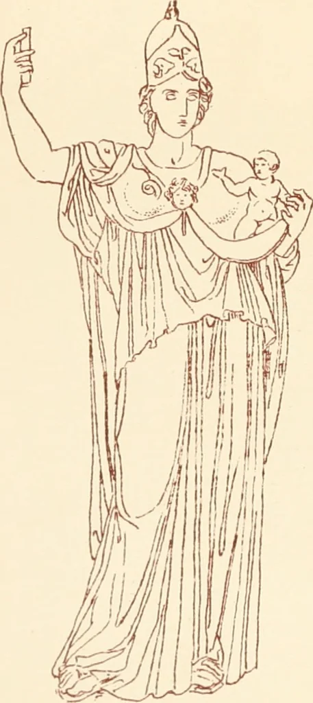 An illustration from Ancient Greek female costume : illustrated by one hundred and twelve plates and numerous smaller illustrations ; with descriptive letterpress and descriptive passages from the works of Homer, Hesiod, Herodotus, Aeschylus, Euripides, Aristophanes, Theocritus, Xenophon, Lucian, and other Greek authors, 1882, leaf 230