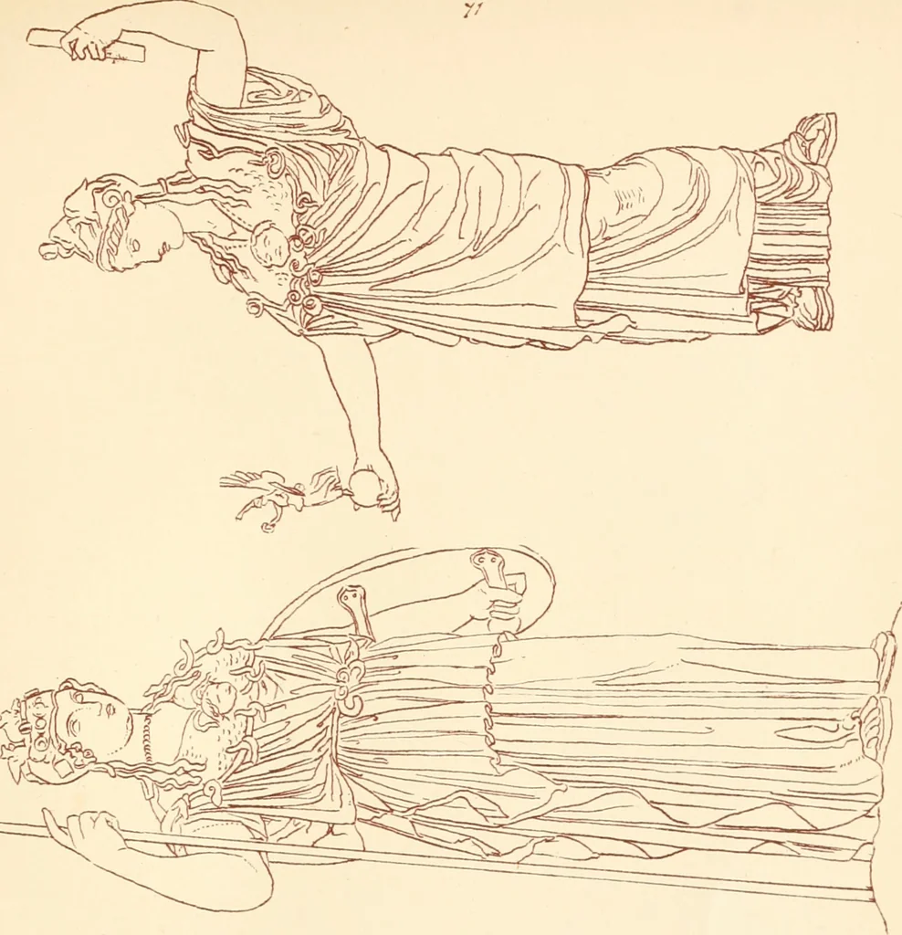 An illustration from Ancient Greek female costume : illustrated by one hundred and twelve plates and numerous smaller illustrations ; with descriptive letterpress and descriptive passages from the works of Homer, Hesiod, Herodotus, Aeschylus, Euripides, Aristophanes, Theocritus, Xenophon, Lucian, and other Greek authors, 1882, leaf 232