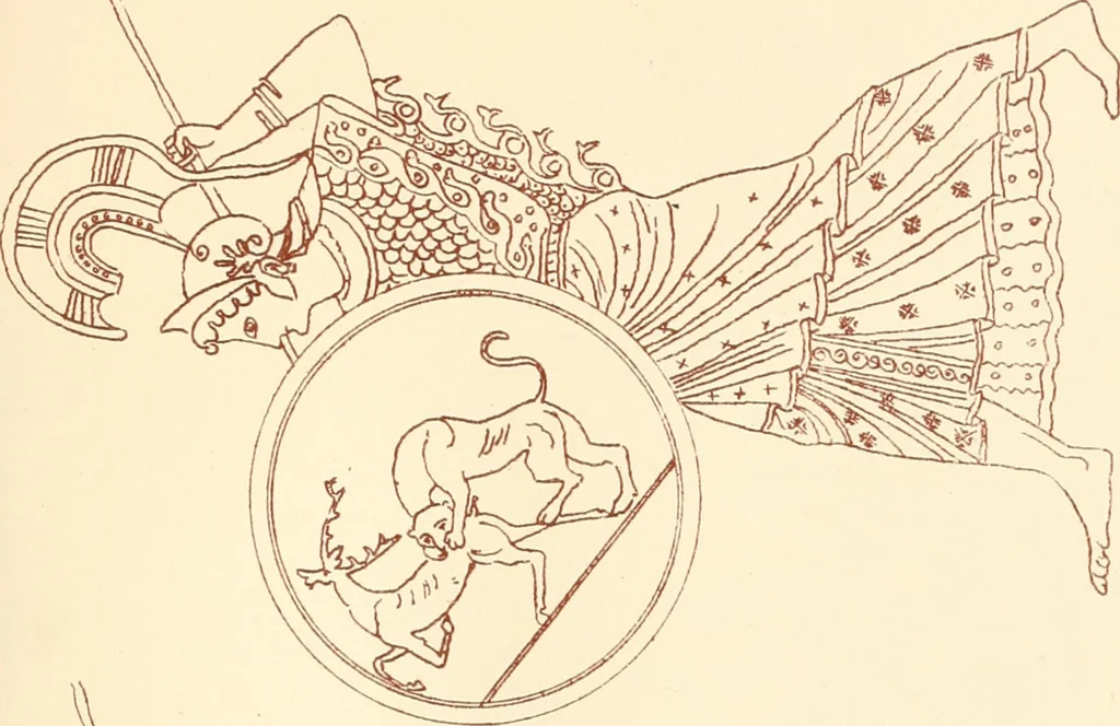 An illustration from Ancient Greek female costume : illustrated by one hundred and twelve plates and numerous smaller illustrations ; with descriptive letterpress and descriptive passages from the works of Homer, Hesiod, Herodotus, Aeschylus, Euripides, Aristophanes, Theocritus, Xenophon, Lucian, and other Greek authors, 1882, leaf 234