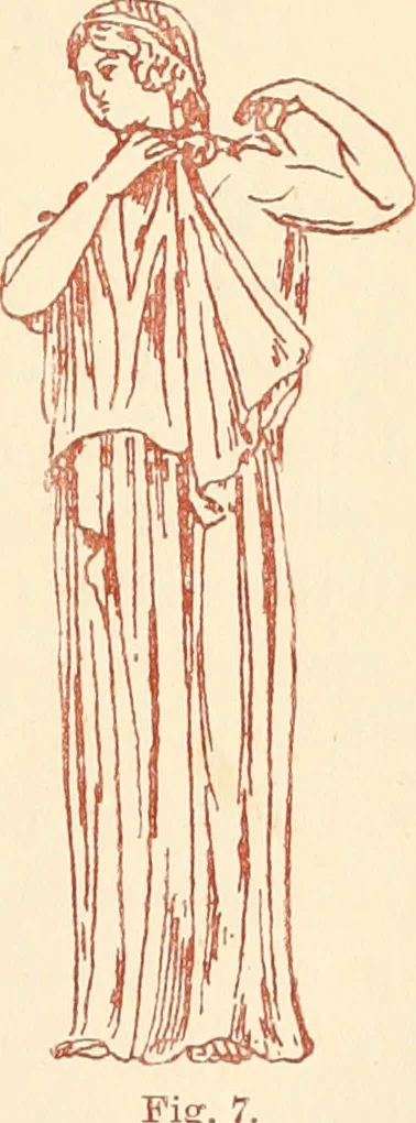 An illustration from Ancient Greek female costume : illustrated by one hundred and twelve plates and numerous smaller illustrations ; with descriptive letterpress and descriptive passages from the works of Homer, Hesiod, Herodotus, Aeschylus, Euripides, Aristophanes, Theocritus, Xenophon, Lucian, and other Greek authors, 1882, leaf 24