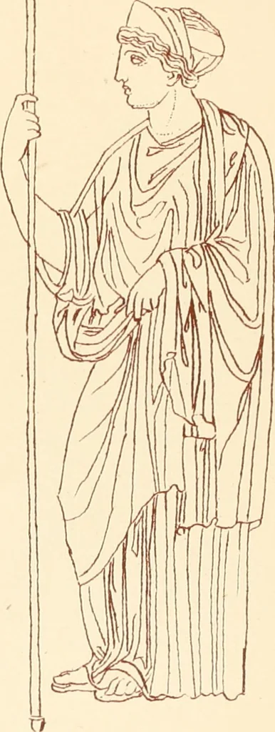 An illustration from Ancient Greek female costume : illustrated by one hundred and twelve plates and numerous smaller illustrations ; with descriptive letterpress and descriptive passages from the works of Homer, Hesiod, Herodotus, Aeschylus, Euripides, Aristophanes, Theocritus, Xenophon, Lucian, and other Greek authors, 1882, leaf 240
