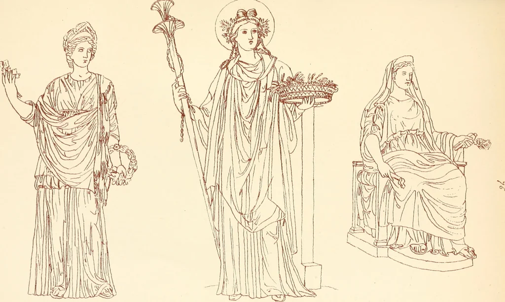 An illustration from Ancient Greek female costume : illustrated by one hundred and twelve plates and numerous smaller illustrations ; with descriptive letterpress and descriptive passages from the works of Homer, Hesiod, Herodotus, Aeschylus, Euripides, Aristophanes, Theocritus, Xenophon, Lucian, and other Greek authors, 1882, leaf 242