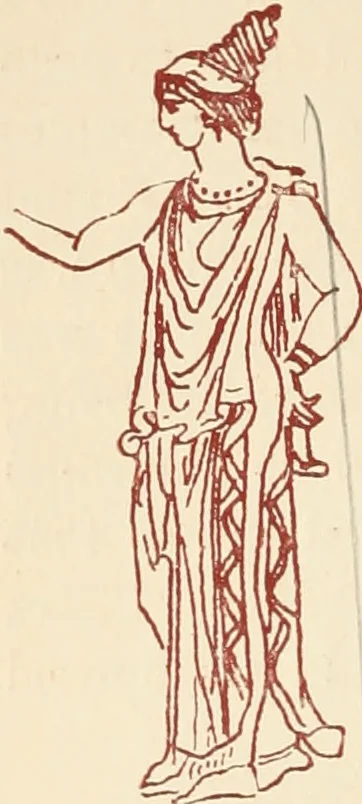 An illustration from Ancient Greek female costume : illustrated by one hundred and twelve plates and numerous smaller illustrations ; with descriptive letterpress and descriptive passages from the works of Homer, Hesiod, Herodotus, Aeschylus, Euripides, Aristophanes, Theocritus, Xenophon, Lucian, and other Greek authors, 1882, leaf 25