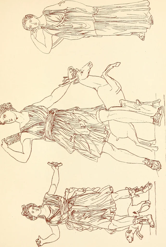 An illustration from Ancient Greek female costume : illustrated by one hundred and twelve plates and numerous smaller illustrations ; with descriptive letterpress and descriptive passages from the works of Homer, Hesiod, Herodotus, Aeschylus, Euripides, Aristophanes, Theocritus, Xenophon, Lucian, and other Greek authors, 1882, leaf 250