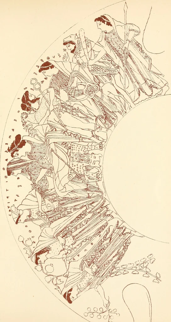An illustration from Ancient Greek female costume : illustrated by one hundred and twelve plates and numerous smaller illustrations ; with descriptive letterpress and descriptive passages from the works of Homer, Hesiod, Herodotus, Aeschylus, Euripides, Aristophanes, Theocritus, Xenophon, Lucian, and other Greek authors, 1882, leaf 252