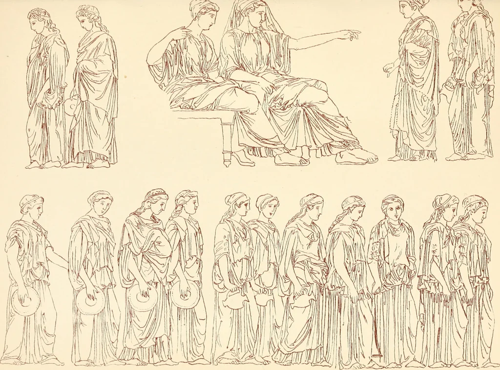 An illustration from Ancient Greek female costume : illustrated by one hundred and twelve plates and numerous smaller illustrations ; with descriptive letterpress and descriptive passages from the works of Homer, Hesiod, Herodotus, Aeschylus, Euripides, Aristophanes, Theocritus, Xenophon, Lucian, and other Greek authors, 1882, leaf 256