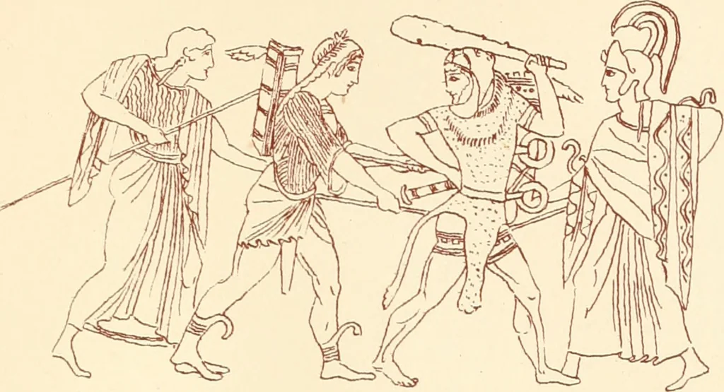 An illustration from Ancient Greek female costume : illustrated by one hundred and twelve plates and numerous smaller illustrations ; with descriptive letterpress and descriptive passages from the works of Homer, Hesiod, Herodotus, Aeschylus, Euripides, Aristophanes, Theocritus, Xenophon, Lucian, and other Greek authors, 1882, leaf 258