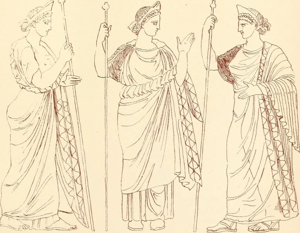 An illustration from Ancient Greek female costume : illustrated by one hundred and twelve plates and numerous smaller illustrations ; with descriptive letterpress and descriptive passages from the works of Homer, Hesiod, Herodotus, Aeschylus, Euripides, Aristophanes, Theocritus, Xenophon, Lucian, and other Greek authors, 1882, leaf 260