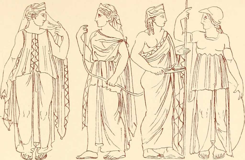 An illustration from Ancient Greek female costume : illustrated by one hundred and twelve plates and numerous smaller illustrations ; with descriptive letterpress and descriptive passages from the works of Homer, Hesiod, Herodotus, Aeschylus, Euripides, Aristophanes, Theocritus, Xenophon, Lucian, and other Greek authors, 1882, leaf 262