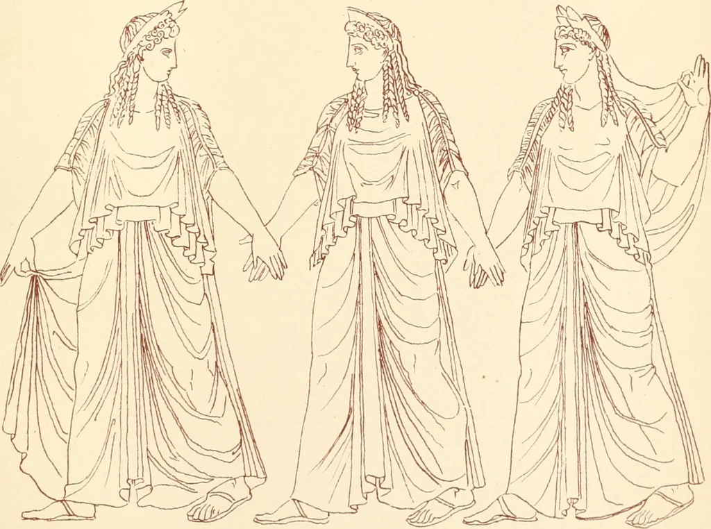 An illustration from Ancient Greek female costume : illustrated by one hundred and twelve plates and numerous smaller illustrations ; with descriptive letterpress and descriptive passages from the works of Homer, Hesiod, Herodotus, Aeschylus, Euripides, Aristophanes, Theocritus, Xenophon, Lucian, and other Greek authors, 1882, leaf 262