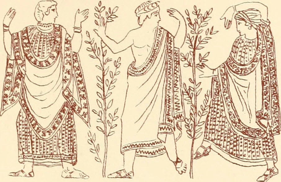 An illustration from Ancient Greek female costume : illustrated by one hundred and twelve plates and numerous smaller illustrations ; with descriptive letterpress and descriptive passages from the works of Homer, Hesiod, Herodotus, Aeschylus, Euripides, Aristophanes, Theocritus, Xenophon, Lucian, and other Greek authors, 1882, leaf 264