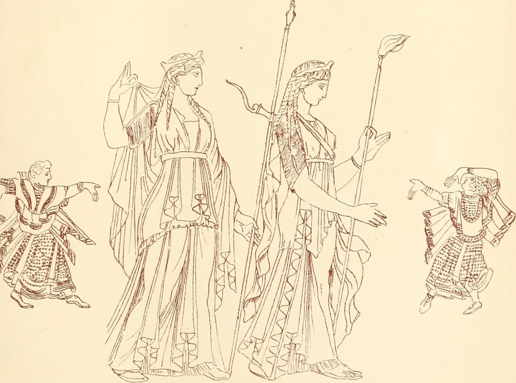 An illustration from Ancient Greek female costume : illustrated by one hundred and twelve plates and numerous smaller illustrations ; with descriptive letterpress and descriptive passages from the works of Homer, Hesiod, Herodotus, Aeschylus, Euripides, Aristophanes, Theocritus, Xenophon, Lucian, and other Greek authors, 1882, leaf 264