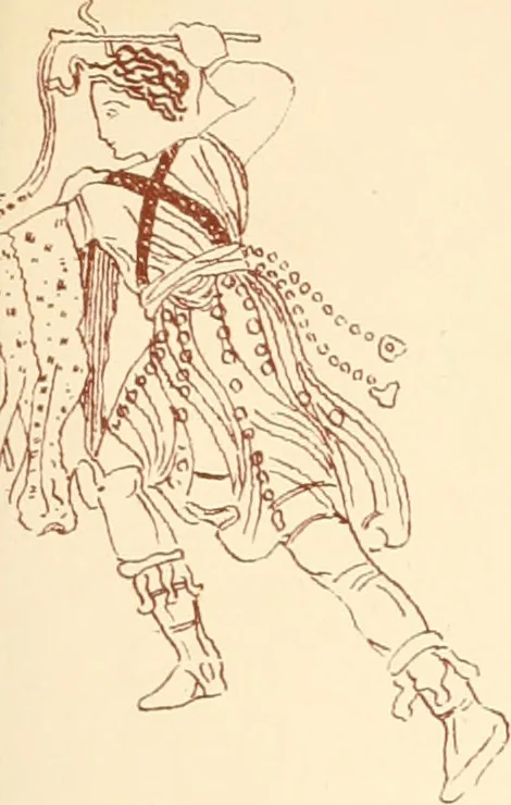 An illustration from Ancient Greek female costume : illustrated by one hundred and twelve plates and numerous smaller illustrations ; with descriptive letterpress and descriptive passages from the works of Homer, Hesiod, Herodotus, Aeschylus, Euripides, Aristophanes, Theocritus, Xenophon, Lucian, and other Greek authors, 1882, leaf 266