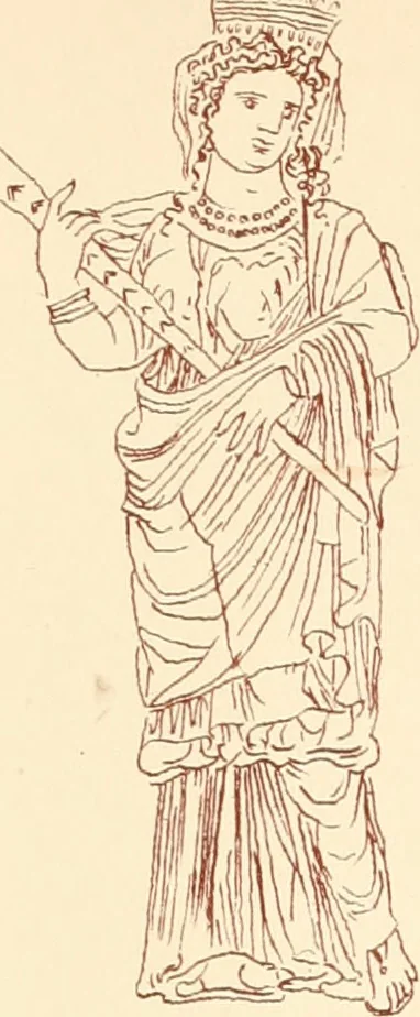An illustration from Ancient Greek female costume : illustrated by one hundred and twelve plates and numerous smaller illustrations ; with descriptive letterpress and descriptive passages from the works of Homer, Hesiod, Herodotus, Aeschylus, Euripides, Aristophanes, Theocritus, Xenophon, Lucian, and other Greek authors, 1882, leaf 266