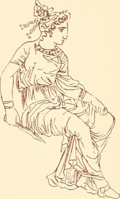 An illustration from Ancient Greek female costume : illustrated by one hundred and twelve plates and numerous smaller illustrations ; with descriptive letterpress and descriptive passages from the works of Homer, Hesiod, Herodotus, Aeschylus, Euripides, Aristophanes, Theocritus, Xenophon, Lucian, and other Greek authors, 1882, leaf 266