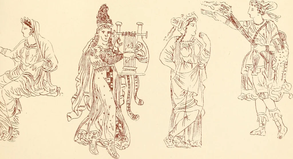 An illustration from Ancient Greek female costume : illustrated by one hundred and twelve plates and numerous smaller illustrations ; with descriptive letterpress and descriptive passages from the works of Homer, Hesiod, Herodotus, Aeschylus, Euripides, Aristophanes, Theocritus, Xenophon, Lucian, and other Greek authors, 1882, leaf 266