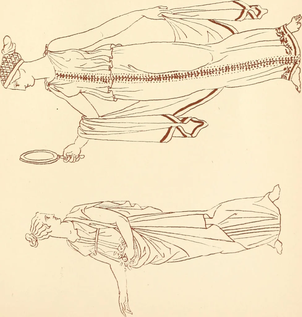 An illustration from Ancient Greek female costume : illustrated by one hundred and twelve plates and numerous smaller illustrations ; with descriptive letterpress and descriptive passages from the works of Homer, Hesiod, Herodotus, Aeschylus, Euripides, Aristophanes, Theocritus, Xenophon, Lucian, and other Greek authors, 1882, leaf 268