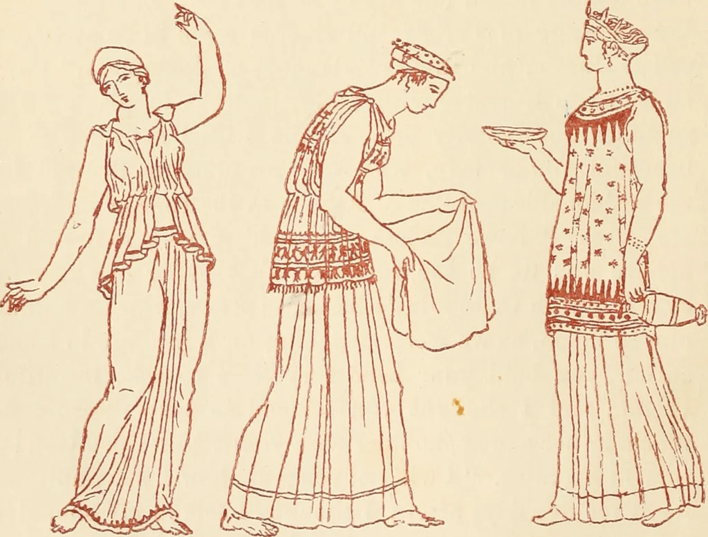 An illustration from Ancient Greek female costume : illustrated by one hundred and twelve plates and numerous smaller illustrations ; with descriptive letterpress and descriptive passages from the works of Homer, Hesiod, Herodotus, Aeschylus, Euripides, Aristophanes, Theocritus, Xenophon, Lucian, and other Greek authors, 1882, leaf 27
